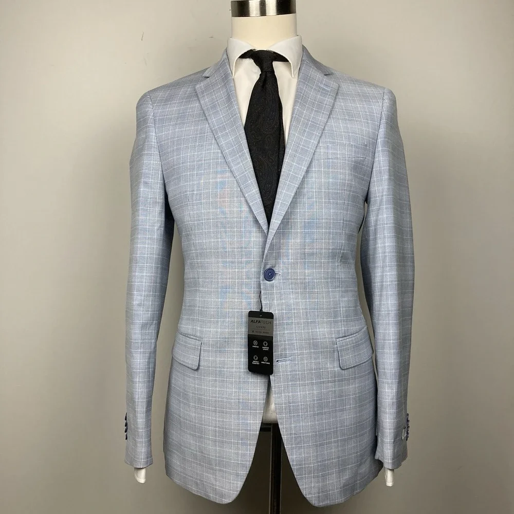 Alfani Men's Slim-Fit 2-pc Suit Jacket Stretch Plaid Size 38L Pants 30Wx30L Blue